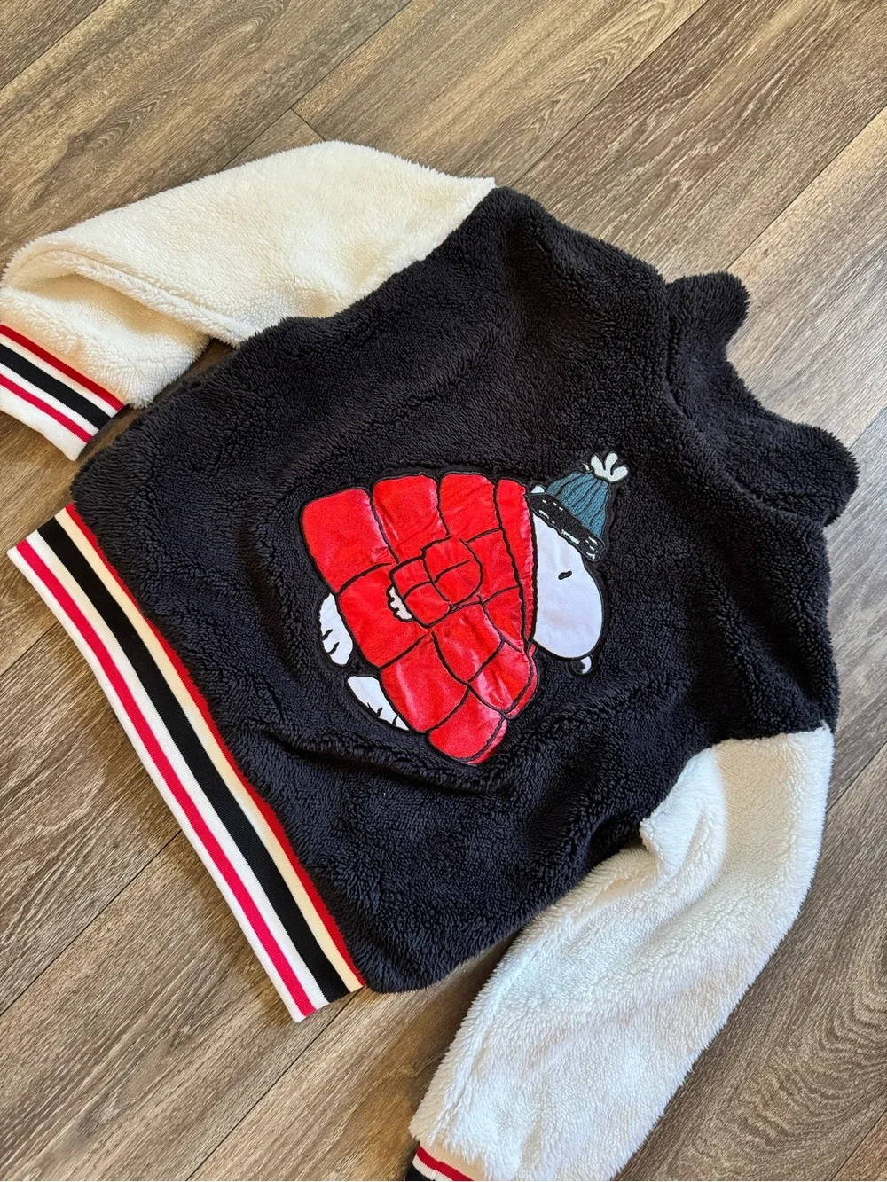 Justice Black & White Sherpa Snoopy Patch Bomber Jacket